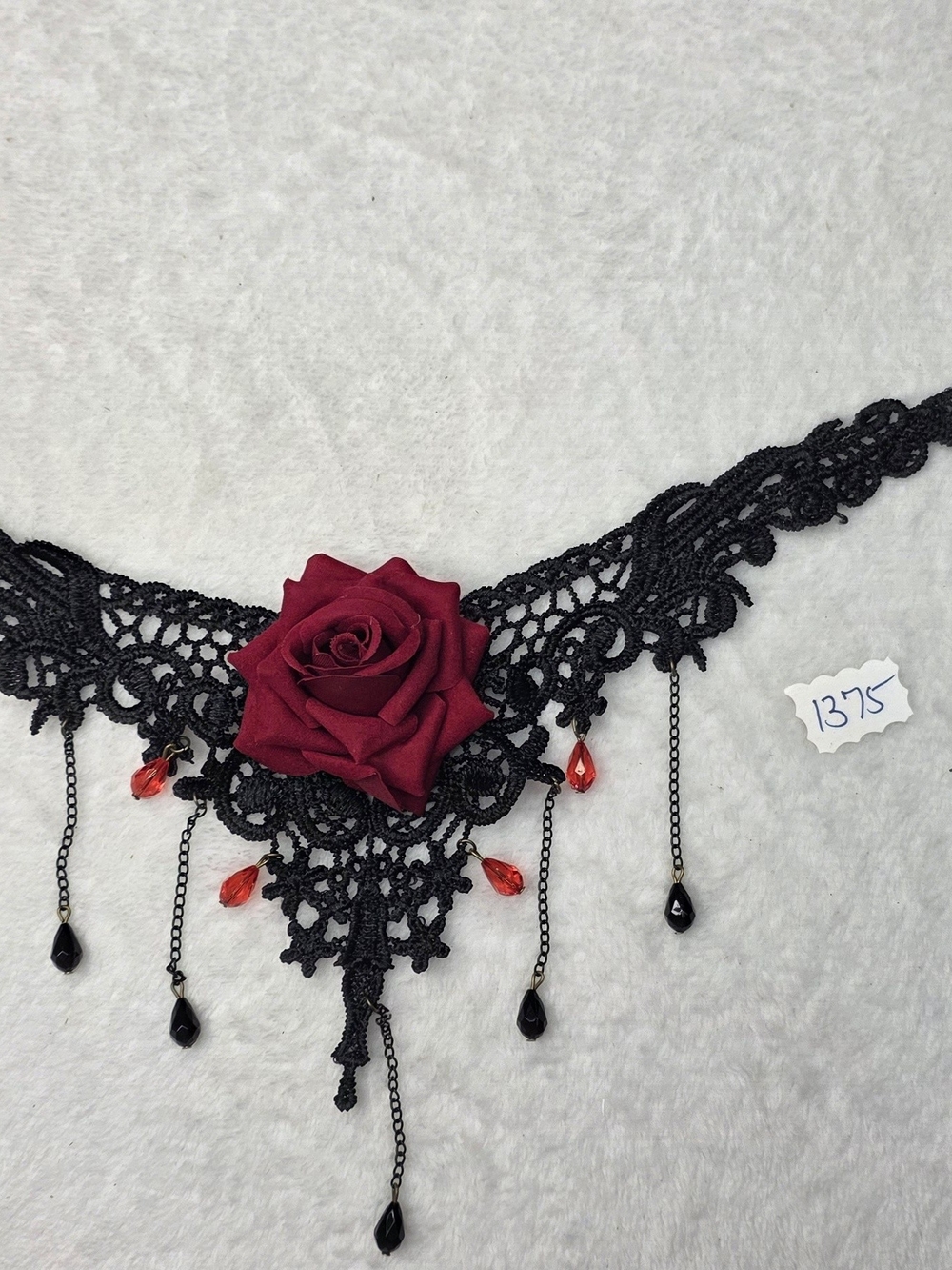 Black Lace Choker Necklace with Burgundy Rose Accent - Elegant Women’s Jewelry